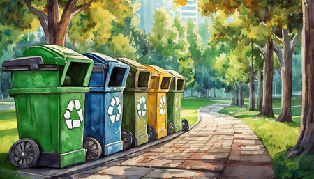 colored garbage bins in the public parkの素材