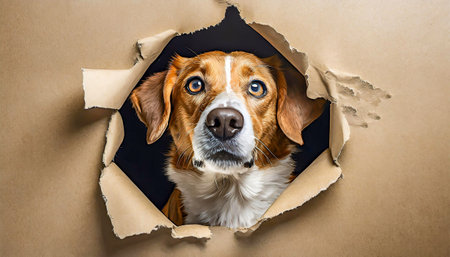 dog looking up in paper side torn hole isolatedの素材