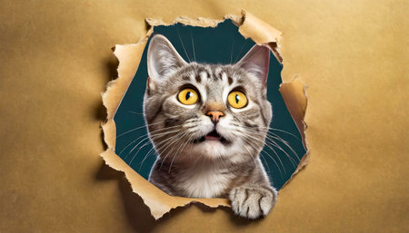 cat looking up in paper side torn hole isolatedの素材