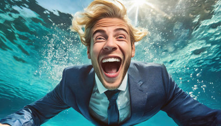 young man with business suit in the swimming poolの素材