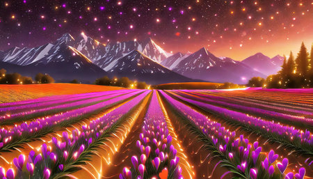 glowing pink neon tulips in the mountainの素材