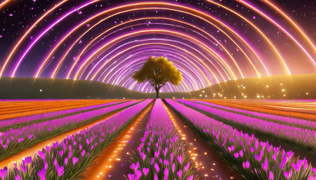 glowing pink neon tulips in the fieldの素材