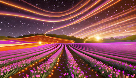 glowing pink neon tulips in the fieldの素材