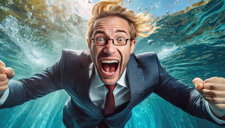 young man with business suit in the swimming poolの素材