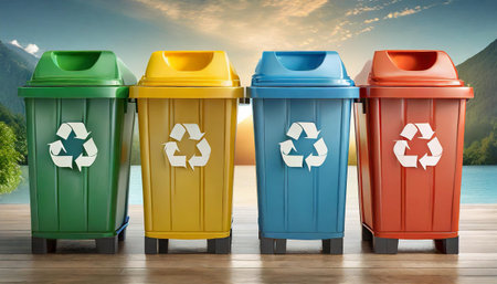 colored garbage bins, recycle trashの素材