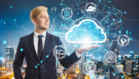 Businessman holding cloud computing with infographicの素材
