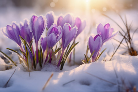 spring crocus flowers in snowの素材