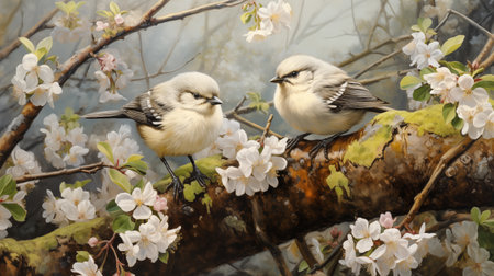 Bird chicks sit among the branches of an apple tree with white flowersの素材