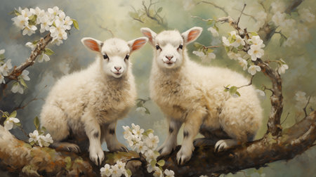 Two cute lambs sit on a blossoming apple tree in springの素材