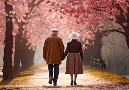 Happy elderly couple walking in spring parkの素材