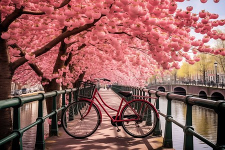 The Netherlands, with flowers and bicycles on the bridge in springの素材