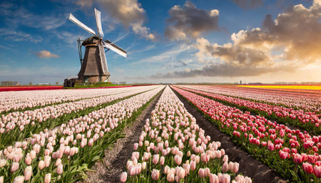 Windmill in tulip field at sunset, Netherlands, spring timeの素材