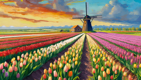 windmill in the tulip field at sunset, art designの素材