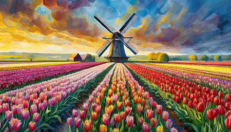windmill in the tulip field at sunset, art designの素材