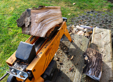 Splitting firewood with a log splitter in the gardenの写真素材