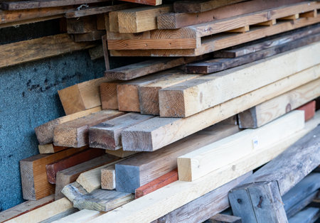 Lumber in the garden at a construction siteの写真素材