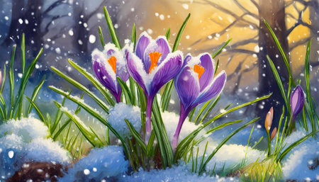 spring crocus in snow, art background designの素材