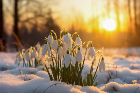 Beautiful white snowdrop flowers blooming outdoors in snow, sunsetの素材