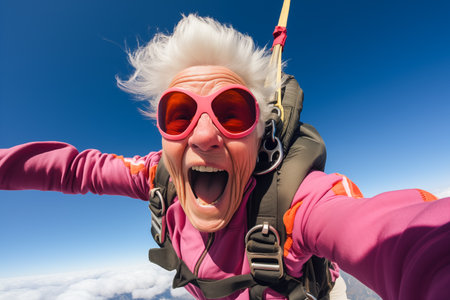 Funny and smiling elderly woman has fun skydiving with pink sunglassesの素材