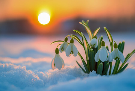 Beautiful white snowdrop flowers blooming outdoors in snow, sunsetの素材