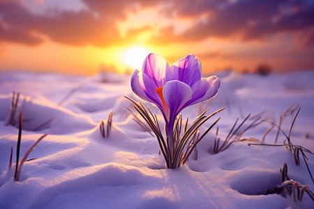 purple gold colored Crocus in winter in the snow at sunsetの素材