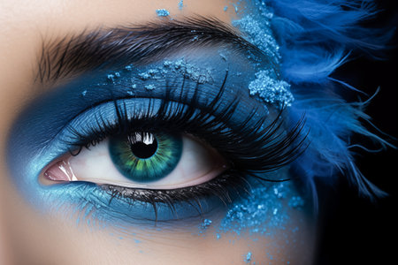 mascara coloring eyelashes, mascara brush, blue eye makeup, fashion backgroundの素材
