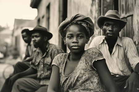 vintage black and white photo of old Caribbean citizens with young girl in the frontの素材