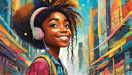 Urban street art, face of a black girl listening to music. Fantasy concept, illustration painting, art designの素材