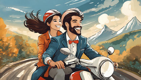 couple on a motorcycle on holiday, art designの素材