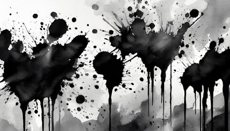 black ink splatters and splashes on white backgroundの素材