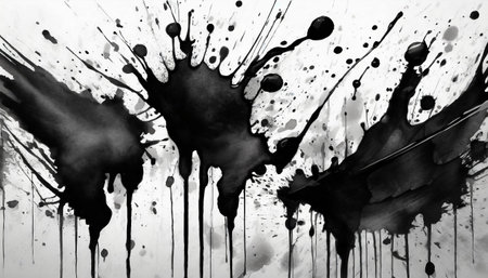 black and white paint ink splatters and splashes on white backgroundの素材
