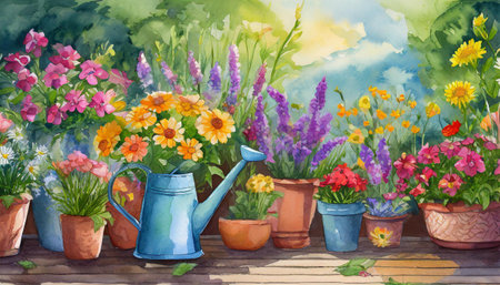 flowers in pots and watering can, garden backgroundの素材