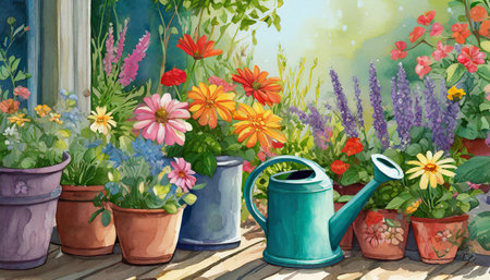 flowers in pots and watering cansの素材