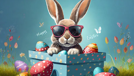 Happy Easter concept holiday greeting card with Cool Easter bunny, rabbit in the giftの素材