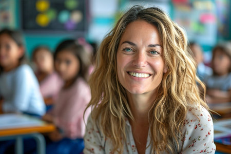portrait of a smiling young teacher in the classroomの素材