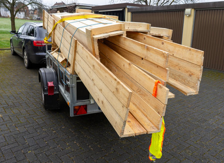 Trailer with lumber wooden boards for the houseの写真素材