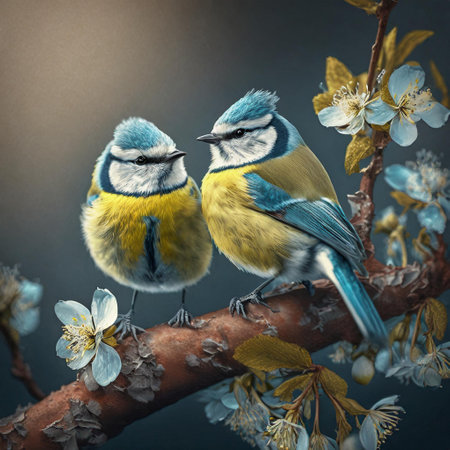 Cyanistes caeruleus birds on a branch, art designの素材