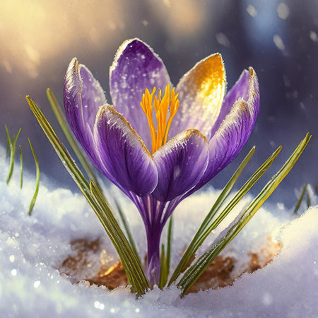 crocus flowers in snow, art designの素材