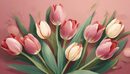 spring tulip flowers on pink backgroundの素材