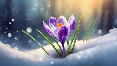 spring crocus flowers in the snow, art designの素材