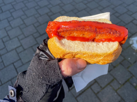 meat loaf with ketchup and rolls as a midday snackの写真素材