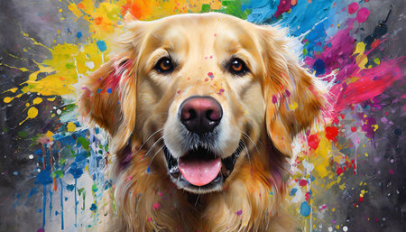 Painting of a golden retriever dog face with colorful paint splattersの素材