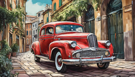 red old vintage car in an italy streetの素材
