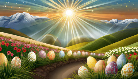 landscape with flowers and easter eggs in the sunの素材