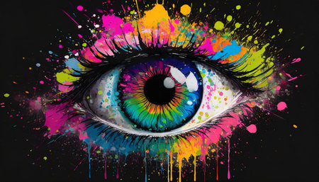 a colorful eye with paint splatters on the black backgroundの素材