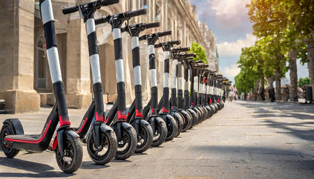 Electric scooters lined up on streetの素材