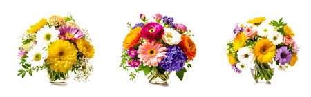 Set of spring bouquets in a glass vase flowers isolated on white background banner, cut outの素材