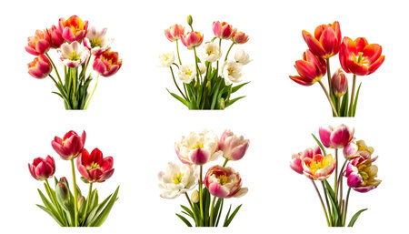 set of bouquet of tulips flowers isolated on white background banner, cut outの素材