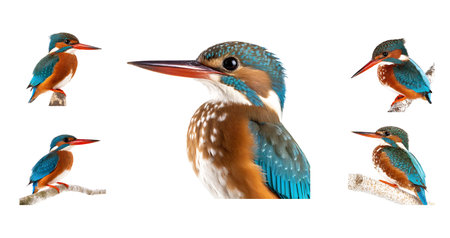 set of colorful Kingfishers birds isolated on white background, cutoutの素材