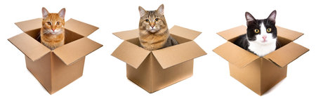 panoramic cardboard box set with domestic cats isolated on white background, cutoutの素材